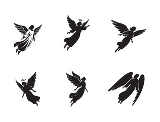Angel Descending Light – Silhouette Vector Design Heavenly Angel Silhouette – Black & White Art