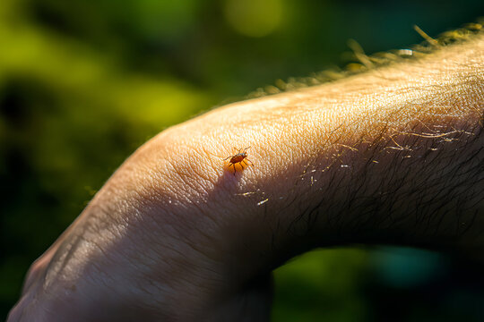 Macro shot of arm with bug bite and crawling insect in nature