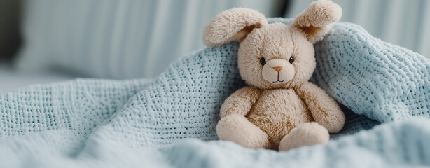 Soft stuffed toy rabbit resting in a cozy baby blanket with gentle light filtering through lace curtains