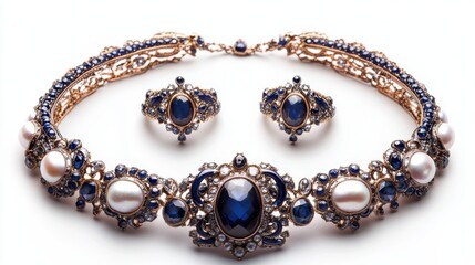 Victorian-style antique jewelry set with natural pearls and sapphire details on earrings, necklace, and matching ring, isolate on white background