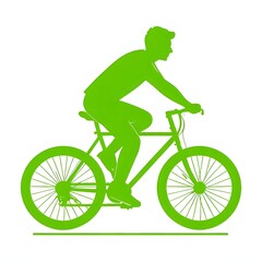 Naklejka premium Green bicycle with rider illustration on white background, eco-friendly cycling activity illustration in green, rider on green bike representing environmental awareness 