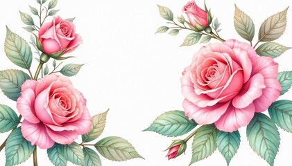 Naklejka premium Delicate watercolor roses, intertwined leaves, soft pastel hues, blossom, elegant
