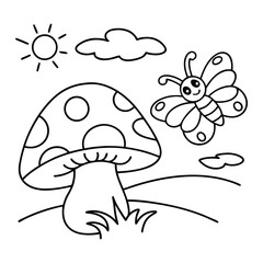 Cartoon Outdoor Scene with Mushroom, Butterfly, Sun, and Cloud Illustrations