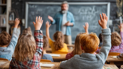 Fototapeta premium A classroom where students raise their hands to answer a teacher's question. The teacher stands in front of the classroom with a tablet in his hands.