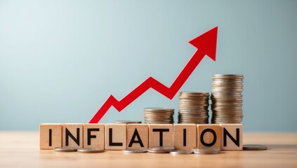 INFLATION word on a wooden cube on coins in idea for FED consider interest rate hike, world economics, and inflation control, US dollar inflation