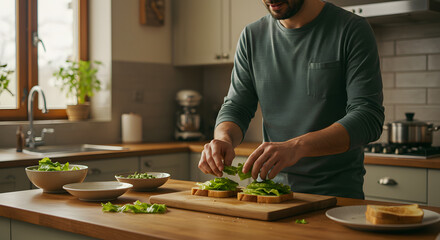 Man Preparing Healthy Avocado and Lettuce Toasts in Cozy Kitchen