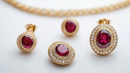 Classic vintage gold jewelry set with oval rubies and diamond-studded borders on earrings, necklace, and ring, isolate on white background