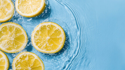 Fresh lemon slices floating on blue water creating ripples in a refreshing summertime setting