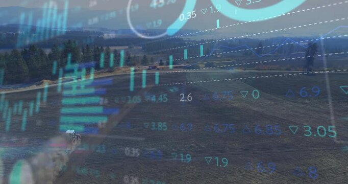 Tractor plowing vast farmland while displaying real-time digital charts overlaying rural scene