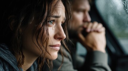Emotional woman crying with tear on cheek, worried man sitting beside, sitting in car during rainy weather