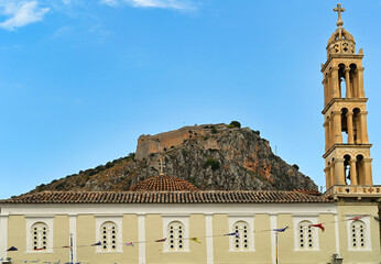 Church and Palamidi castle on the hill above Nafplio city in Greece
