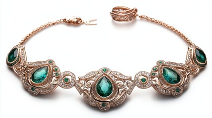 Retro-style rose gold jewelry set with marquise-cut emeralds and detailed engravings on earrings, necklace, and matching ring, isolate on white background
