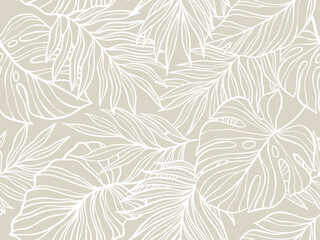 Elegant Botanical Vector Illustration Featuring Outline Drawings of Tropical Leaves on a Neutral Background, Perfect for Seamless Patterns, Decorative Art, and Modern Design Projects