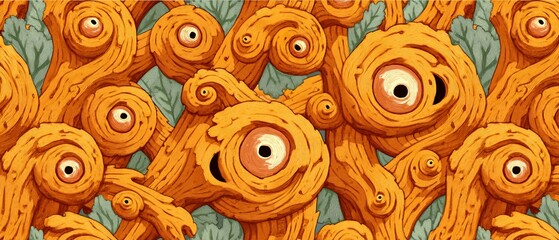Eyeball Trees Forest of cartoonish trees, each with a big eye on orange bark