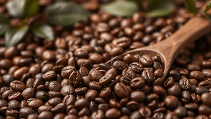 Obraz premium Frisch geröstete Kaffeebohnen in Nahaufnahme mit rustikalem Holzlöffel – perfekt für Food-, Kaffee- und Produktfotografie.