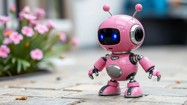 Niedlicher rosa Spielzeugroboter auf Pflasterweg, mit pinken Blumen im Hintergrund &ndash; ideal f&uuml;r Technik- und Kinderdesigns.