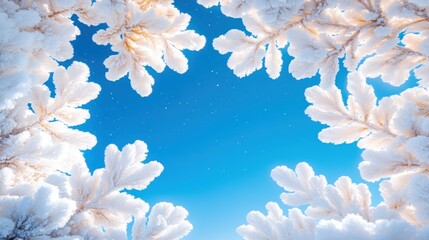 Frost covered branches frame a bright blue winter sky