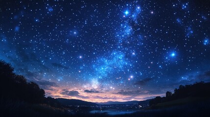 Obraz premium Starry Night Sky Over Tranquil Lake and Distant City Lights at T