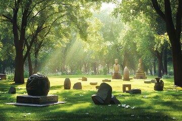 Sunlit park with seated buddha statues, abstract stone sculptures, lush greenery, and a dark orb on a low platform