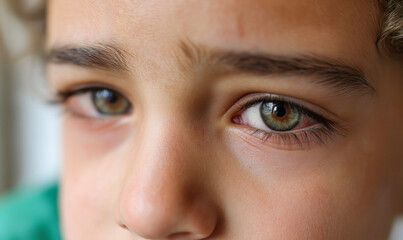 Fototapeta premium Child with swollen itchy eyes allergies, crying, sad illness, sick expressing discomfort while sitting indoors during daytime