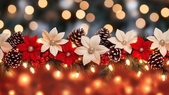 Festive Christmas garland with poinsettias and pine cones - Powered by Adobe