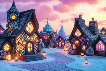 Whimsical snow-covered village with stylized houses, lanterns, and cobblestone path at dusk