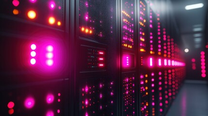 Obraz premium Servers glow with colorful lights in a dark, data-filled room