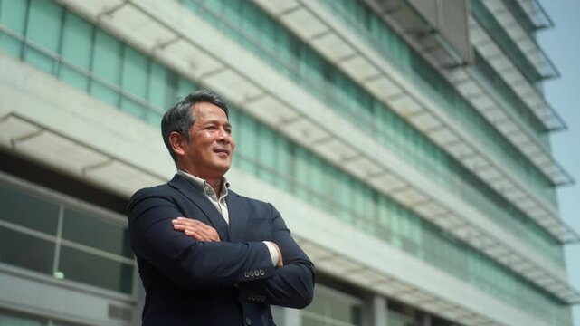 Portrait of professional senior business man smiling and looking forward while standing in front of modern office building, happy manager middle aged man standing with confidently crossing his arms.
