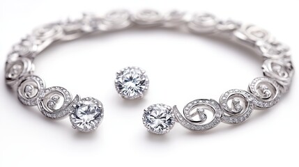Obraz premium Timeless vintage platinum jewelry set with round diamonds and intricate scrollwork on earrings, necklace, and ring, isolate on white background