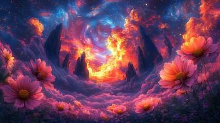 Obraz premium Pink cosmos flowers with fiery nebula sky, rocky landscape, sparkling particles, cosmic nature scene, generative ai illustrations