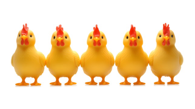 A group of five yellow chickens are standing in a row