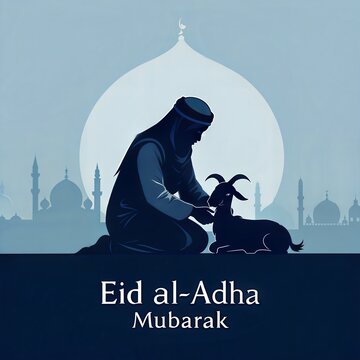 Silhouette of Man and Goat for Eid al-Adha Celebration. Eid Al-Adha Sacrifice Moment.