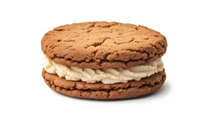 A cookie with a white filling is shown