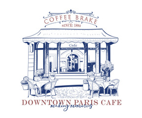 French street cafe vector art, Retro vintage street cafe  shop artwork for t shirt, poster, graphic print, downtown coffee shop illustration