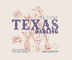 Western vintage cowgirl vector design, Cowgirl riding horse hand drawn vector art, Retro vintage country girl artwork for t shirt, poster, embroidery