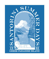 Santorini Greece island vector art, European summer beach vacation vector design with typography, Mediterranean island vacation artwork