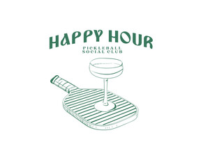 Vintage pickleball social club vector design, Retro vintage  athletic club logotype artwork with typography, Pickleball bat and wine glass drawing, vintage sports t shirt design