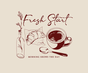 Croissant and coffee hand drawn vector art, Vintage fresh breakfast artwork with typography, Breakfast social club vector design for t shirt, poster, screen print