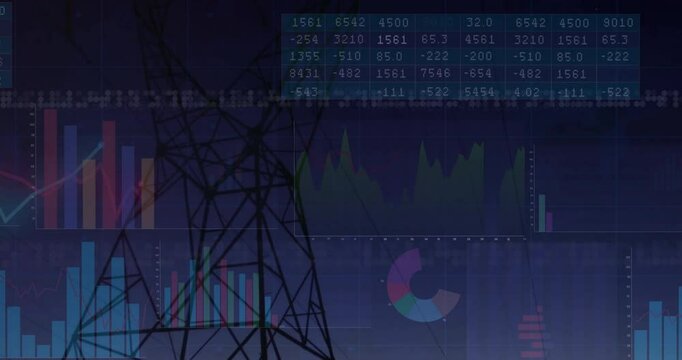 Electricity transmission tower silhouette standing over digital interface, displaying data charts - Powered by Adobe