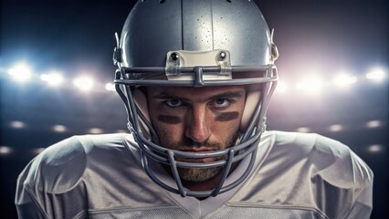 American Football Stadium Intensity Intense football player focused under stadium lights.