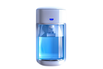 Automatic Hand Sanitizer Dispenser with bright blue liquid sleek white design and a clean modern on transparent background
