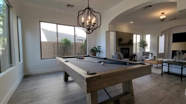 A stylish living room with a pool table and elegant decor invites relaxation