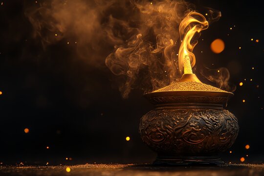Mysterious smoke rises from an ancient pot.