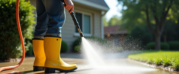 Pressure washing driveway. Close up on water splash and worker in worker boots cleaning driveway with pressure washer.