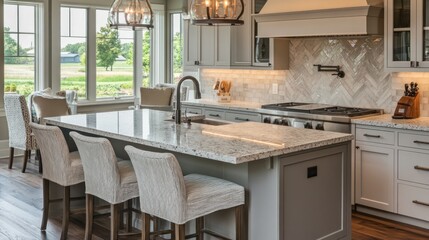 Spacious kitchen island with granite countertops and farmhouse style.