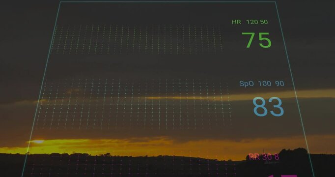 HUD showing holographic vital sign waveforms over rural hills at sunset with multicolor grid