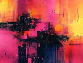 Obraz premium Abstract Cityscape in Pink and Gold: A Digital Vision of Urban Chaos and Beauty, Featuring Gradients and Glitch Effects.