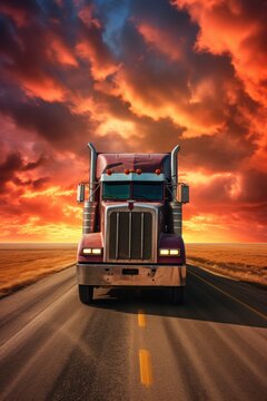 "Red truck on country road at sunset"