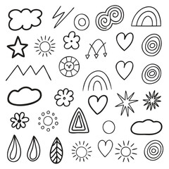 White Doodle Icon Set with Spirals and Leaves