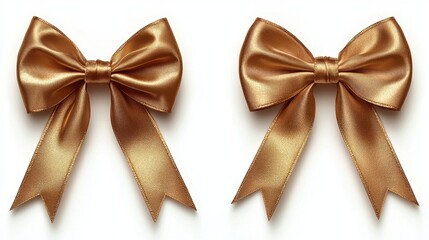 Two elegant golden satin bows displayed symmetrically on a clean white background, perfect for gift wrapping or decoration